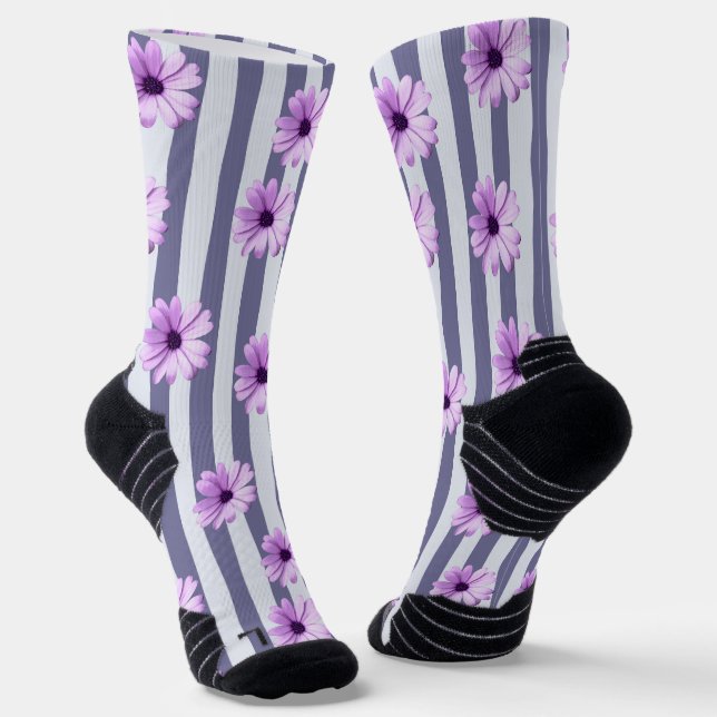 Chaussette motif rayé avec marguerites violettes (Angulaire)