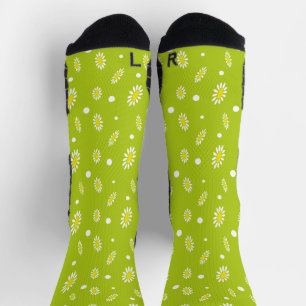 Chaussette Motif Rétro de Printemps à pois et Marguerite Vert