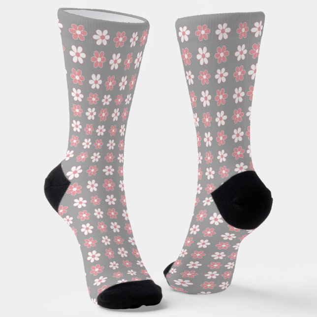 Chaussette Motif rose et blanc sur gris argenté (Angulaire)