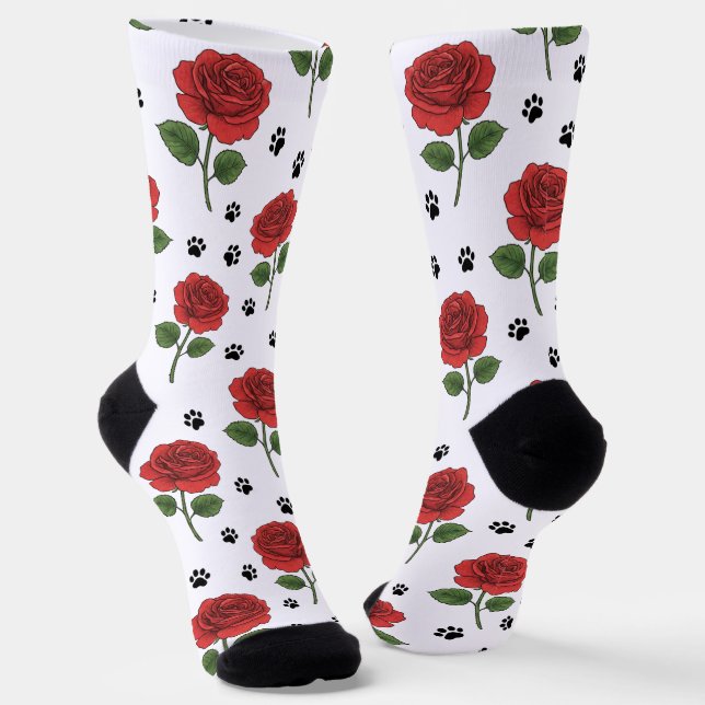 Chaussette Motif Roses Rouges et Empreintes de Patte de Chiot (Angulaire)