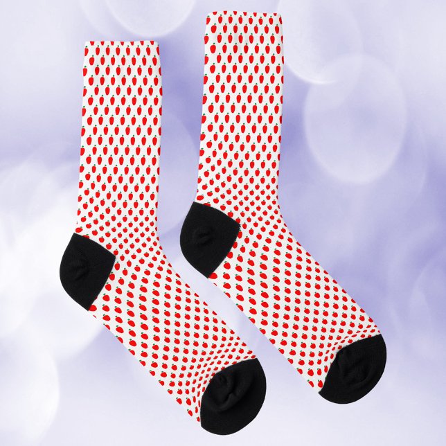 Chaussette Motif rouge pomme (A pair of socks with a pattern of red apples with green leaves.)