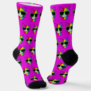 Chaussette Motif très Cool Rainbow Cat sur Hot Pink