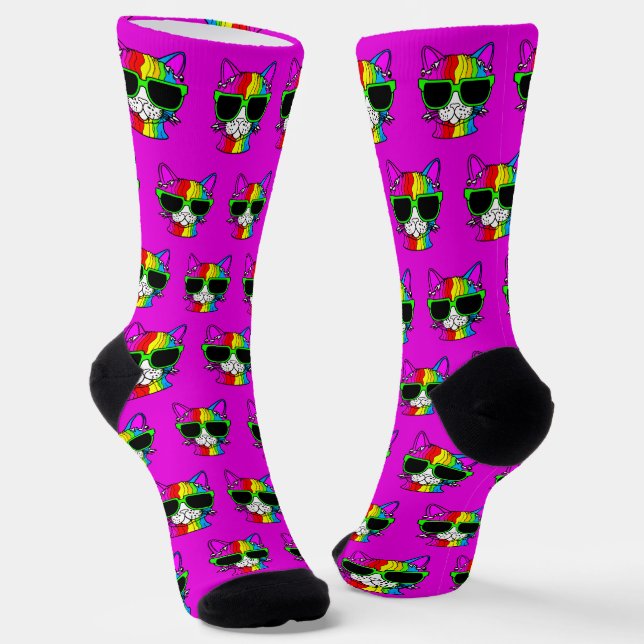 Chaussette Motif très Cool Rainbow Cat sur Hot Pink (Angulaire)