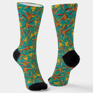 Chaussette Motif tropical avec feuilles rouges et jaunes