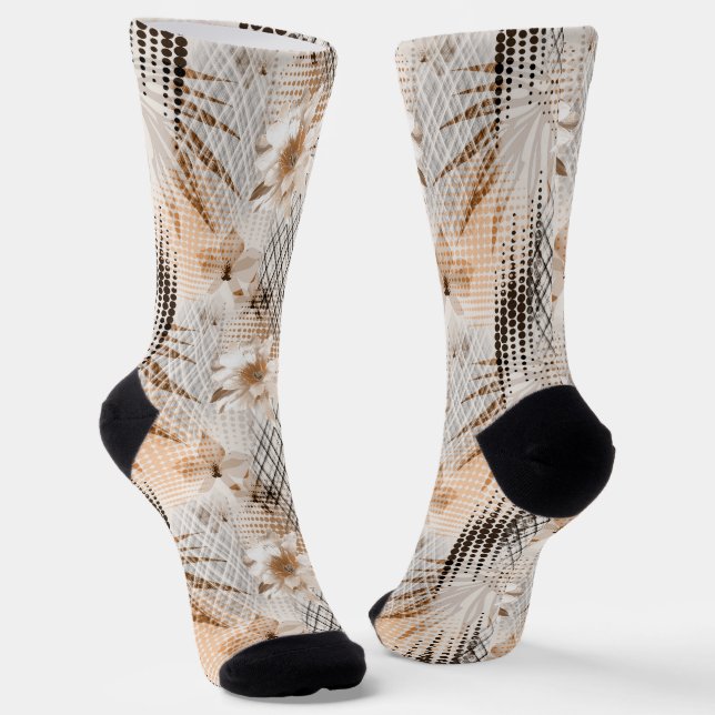 Chaussette Motif tropicale grise, beige. (Angulaire)