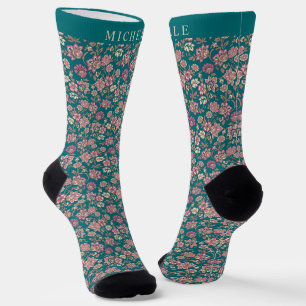 Chaussette Motif Turquoise vert Floral Fleurs roses
