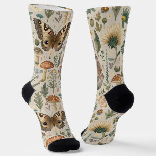 Chaussette Motif vintage de fleurs champignons et papillon