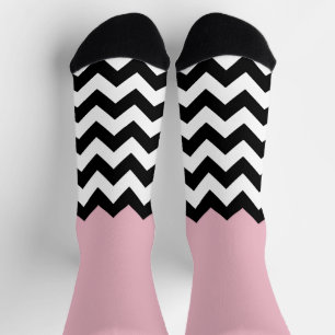 Chaussette Motif Zigzag noir et blanc, Chevron, rose