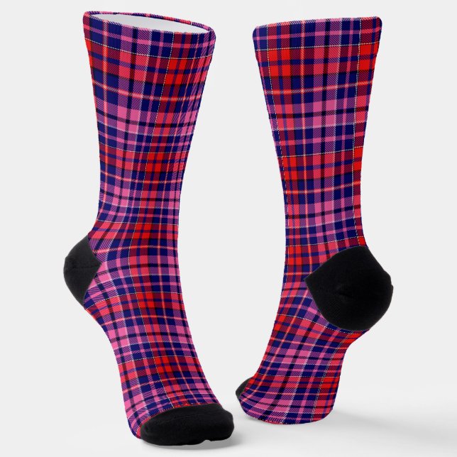 Chaussette Navy Blue Red Pink Plaid Tartan Design  (Angulaire)