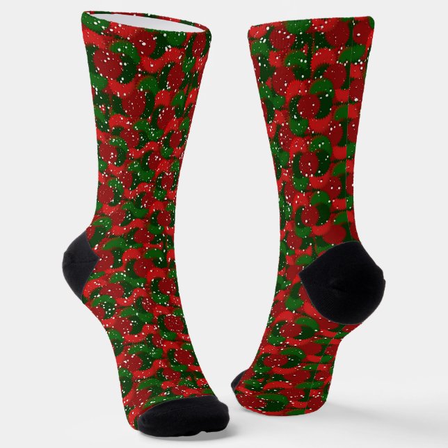 Chaussette Neige de Noël sur fond rouge et vert  (Angulaire)