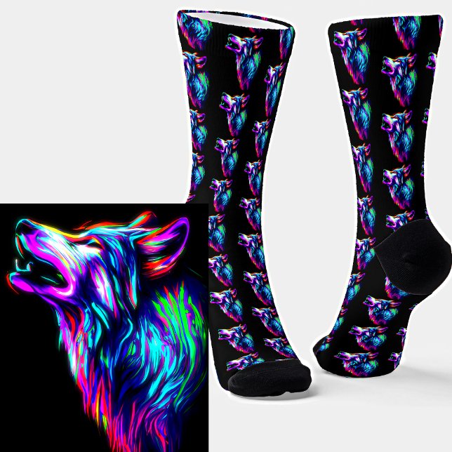 Chaussette Neon Glow Wolf Head sur noir (Créateur téléchargé)