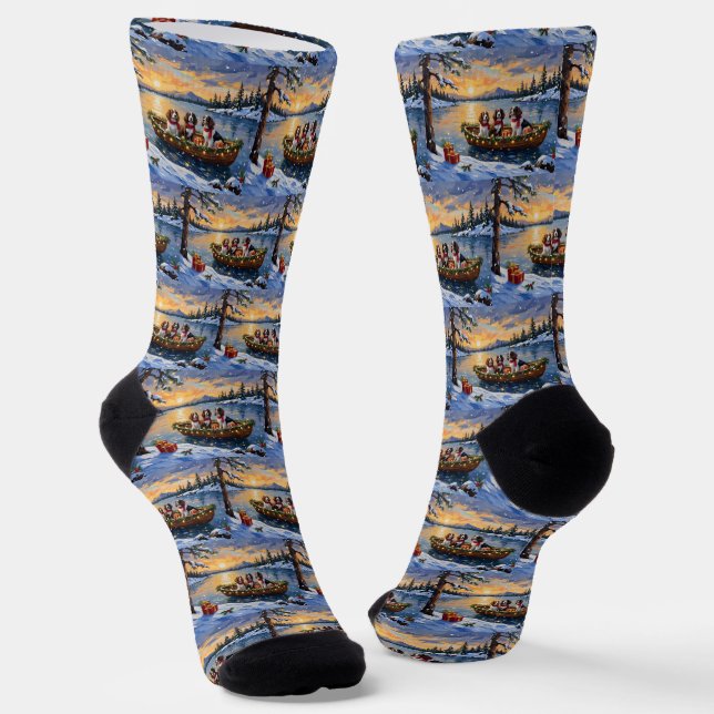 Chaussette Noël en bateau avec un Brittany Spaniel (Angulaire)