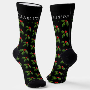 Chaussette Noël personnalisé avec brindille de houx festif à 