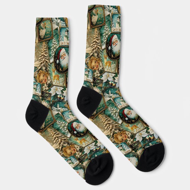 Chaussette Noël Rétro Vintage : Collage Vert (Droite)
