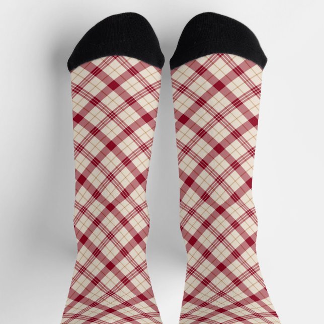 Chaussette Noël rouge blanc or diagonal motif plaid (Haut)