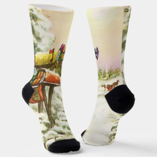 Chaussette Noël vintage, boîtes aux lettres dans un paysage h