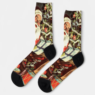 Chaussette Noël vintage, Père Noël rétro avec cadeaux