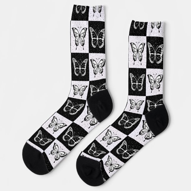 Chaussette Noir blanc À damiers conception papillon (Gauche)