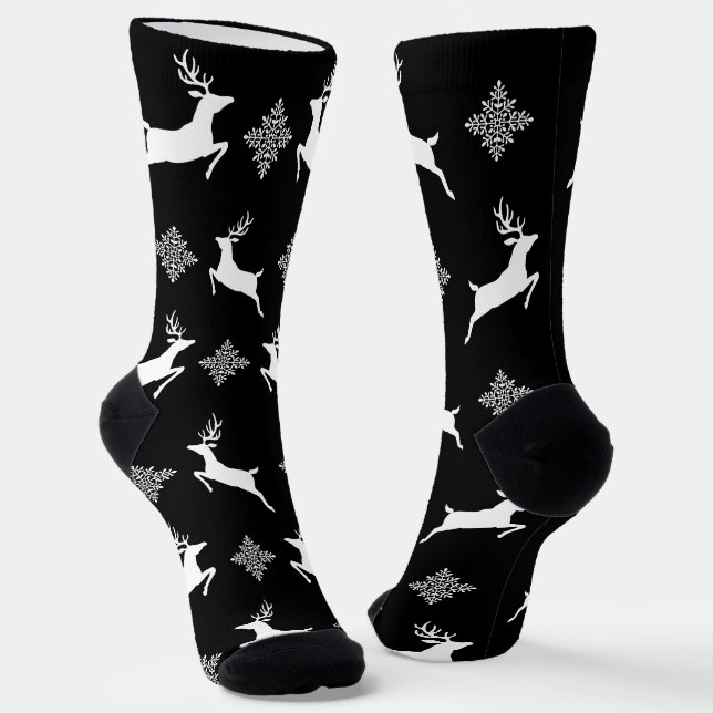 Chaussette Noir & Blanc Deers & Snowflakes Motif de Noël (Angulaire)