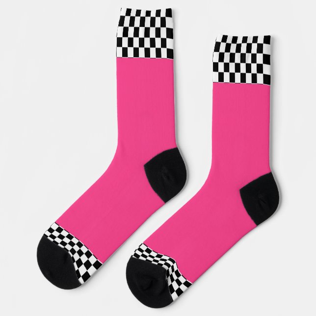 Chaussette Noir + Blanc uni à carreaux rose chaud  (Gauche)