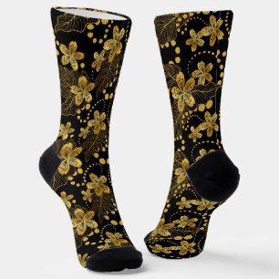 Chaussette Noir et or feuilles tropicaux et fleurs motif