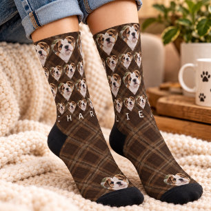 Chaussette Nom de photo de compagnie à carreaux marron Noël