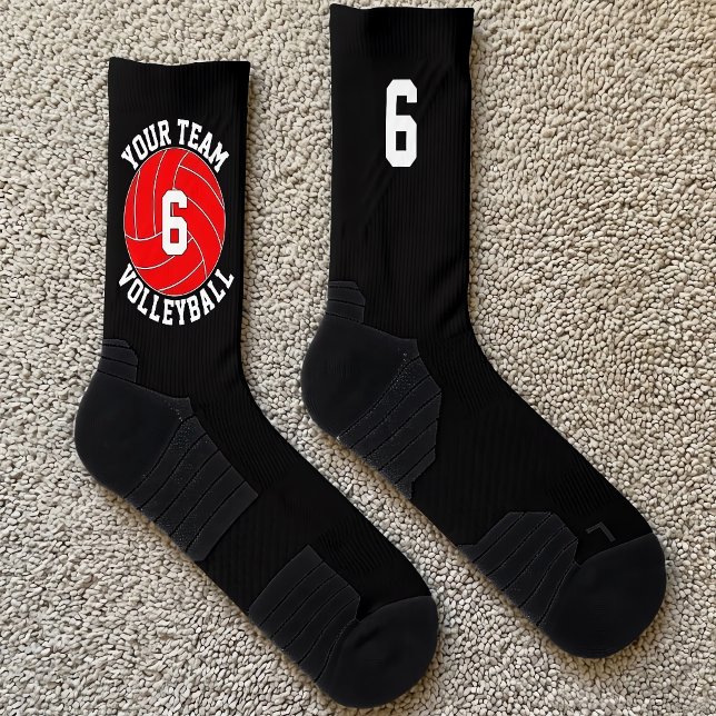 Chaussette Nom d'équipe personnalisé et numéro de joueur pour (Personalized volleyball socks for volleyball players and teams with red team colors.)