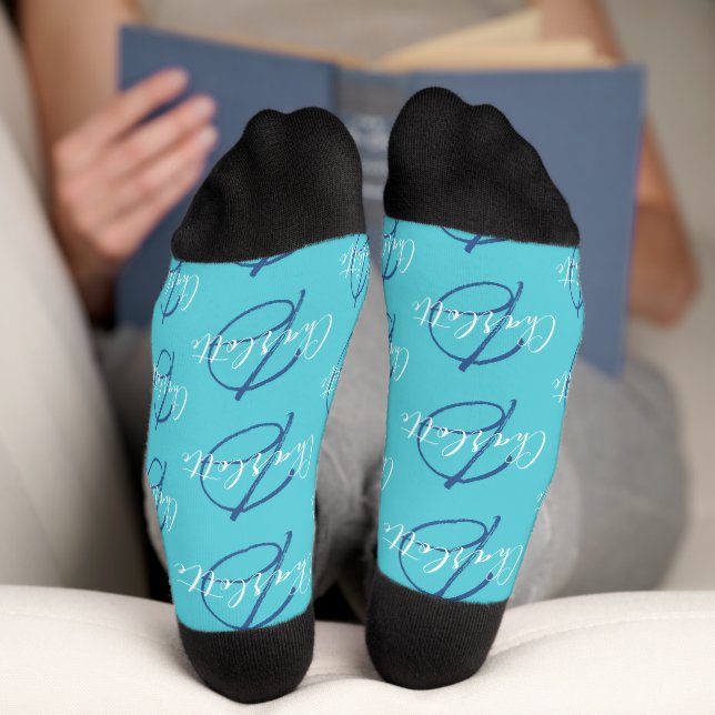 Chaussette Nom du monogramme et chaussettes bleu aqua blanc i (Fond)