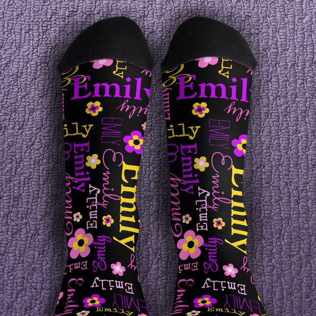 Chaussette Nom fleur motif rose violet jaune noir (Créateur téléchargé)