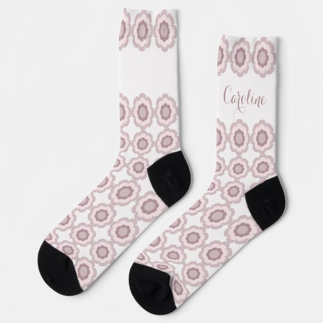 Chaussette Nom personnalisé de la fleur rose rétro (Gauche)