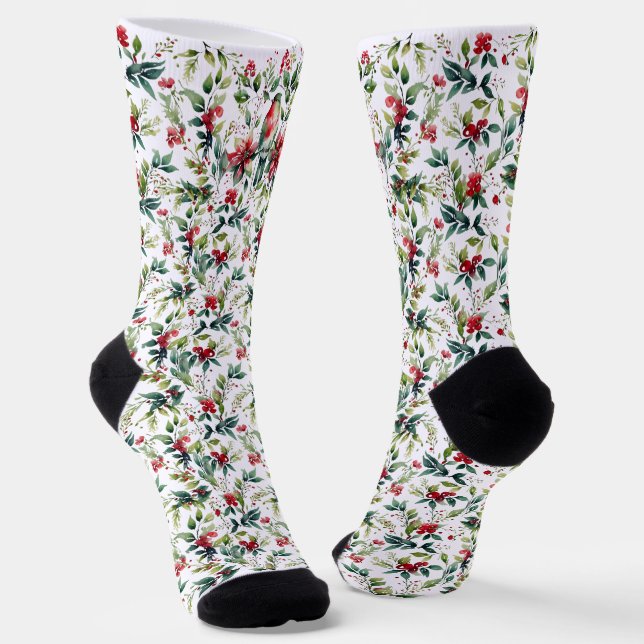 Chaussette Oiseau de Noël à l'aquarelle rouge vert botanique  (Angulaire)