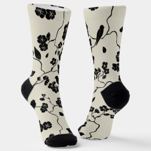 Chaussette Oiseaux et fleurs de cerisier à motif noir sur bro