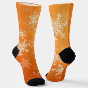 Chaussette Orange White Snowflakes Minimaliste Nom de Noël