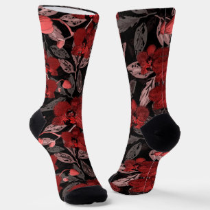 Chaussette Orchidées rouges sur fond noir.