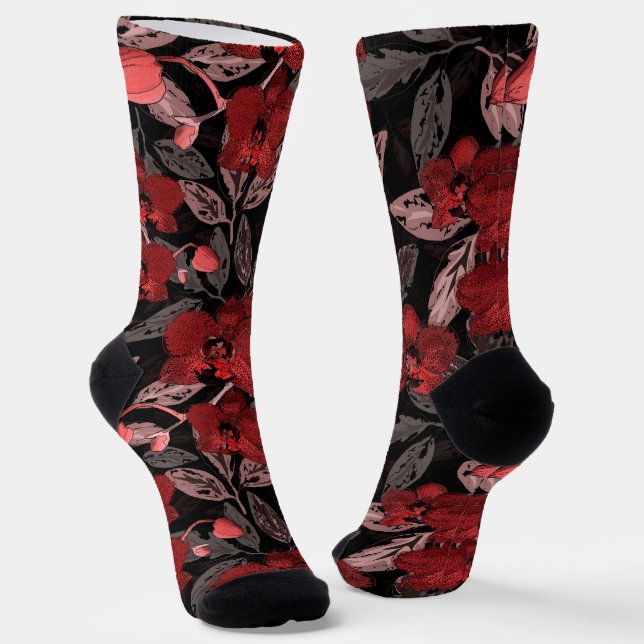 Chaussette Orchidées rouges sur fond noir.  (Angulaire)