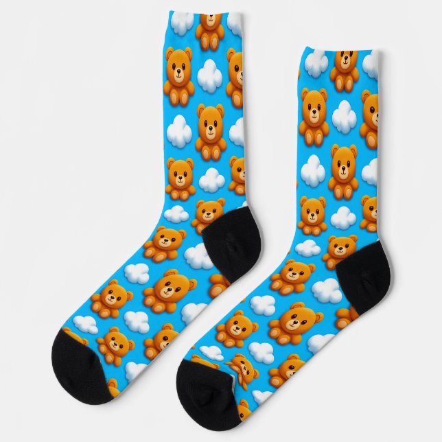 Chaussette Ours en peluche et nuages sur fond bleu (Gauche)