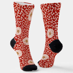 Chaussette Owen Jones Ornement Chinois Fleurs Rouges et Blanc