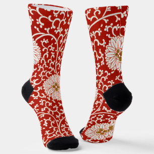 Chaussette Owen Jones Ornement Chinois Fleurs Rouges et Blanc