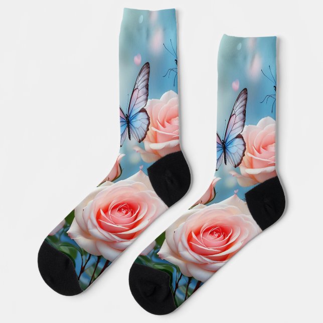 Chaussette Papillon Sur Fleur Rose (Gauche)