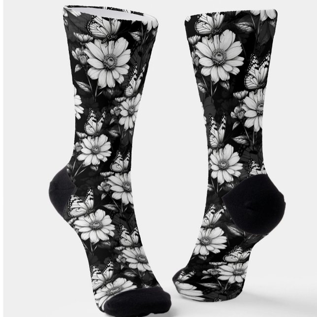 Chaussette Papillon sur Motif à fleurs - Noir (Créateur téléchargé)