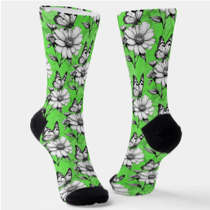 Chaussette Papillon sur Motif de fleurs Design vert