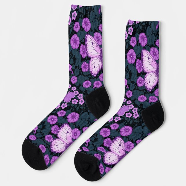 Chaussette Papillons et symétrie des fleurs, violet et bleu (Gauche)