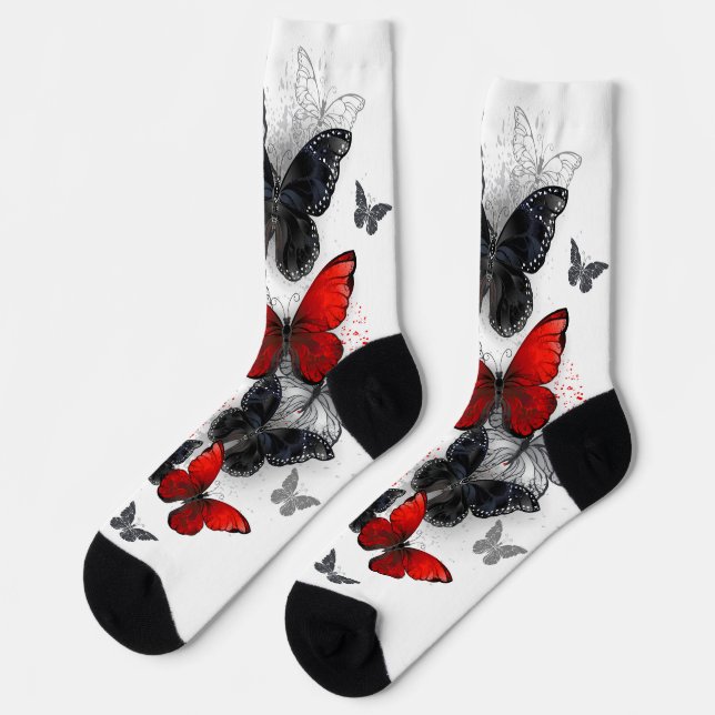 Chaussette Papillons noirs et rouges volants (Gauche)
