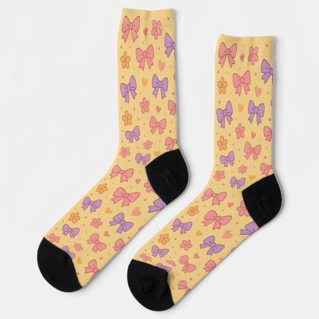 Chaussette Pastel Bows & Flowers Pattern – Cute Yellow Girly  (Gauche)