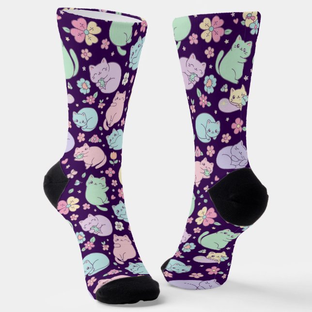 Chaussette Pastel Kawaii Cats and Spring Flowers Pattern  (Angulaire)