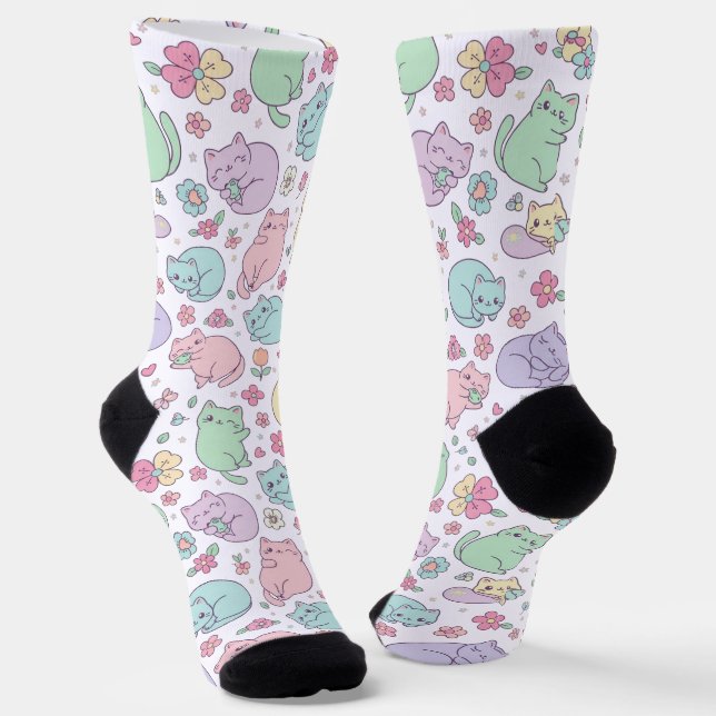 Chaussette Pastel Kawaii Cats and Spring Flowers Pattern  (Angulaire)
