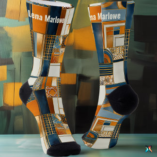 Chaussette Patchwork Art Déco géométrique en bleu et or