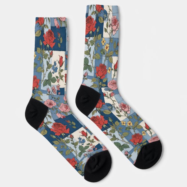 Chaussette Patchwork Retro Denim avec Roses (Droite)