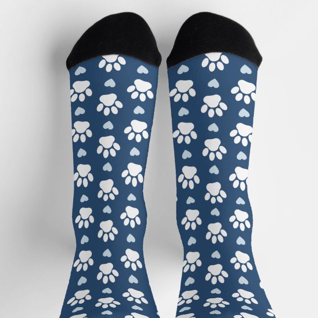 Chaussette Pattern of paws, Dog paws, White paws, Blue Hearts (Haut)