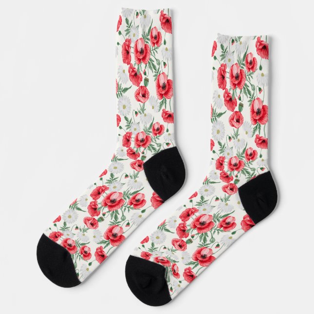 Chaussette Pavot rouge sur blanc, floral (Gauche)
